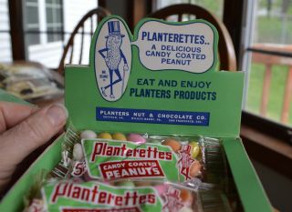 RARE Antique Planters Peanuts FULL Display Box 24 bags Candy Coated Peanuts 2
