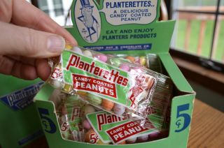 RARE Antique Planters Peanuts FULL Display Box 24 bags Candy Coated Peanuts 3