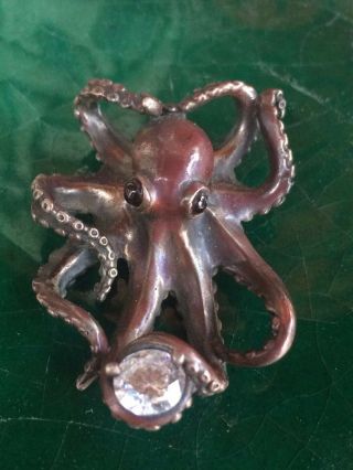 Robert Bob Burkett Shibuichi Signed Japanese Octopus Pendant W/ Cubic Zirconia.