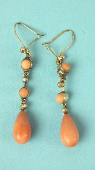 Fine Antique Edwardian 9ct Gold Natural Coral& Seed Pearl Drop Pendant Earrings