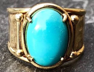 Vintage Italian Designer 10k Large Yellow Gold Turquoise Band Thick Ring