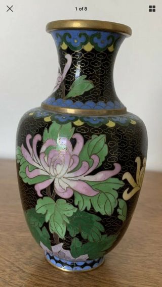 Chinese Cloisonné Vase Lotus Flower With Black Background.  1900’s 6.  5 Inches