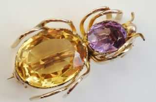 Stunning Antique Edwardian 9ct Gold Amethyst & Citrine Spider Bug Brooch C1905