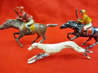 2 Antique Lead Toy Horse Jockey Figure France,  Racing Greyhound Dog