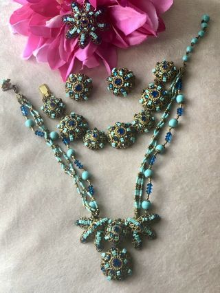 Vintage 40s Miriam Haskell Sparkle Blue Necklace,  Bracelet,  Earrings & Brooch