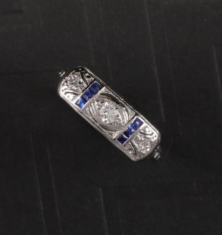 Antique Platinum Diamond And Blue Sapphire Filigree Ring