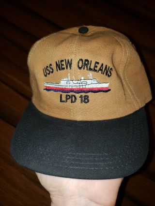 Vtg Usa Made Leather Strap Uss Orleans Lpd - 18 Military Hat Brown Tan
