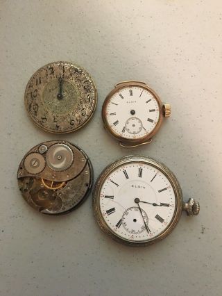 4 Vintage Elgin Pocket Watches/movements For Parts/repair 051701