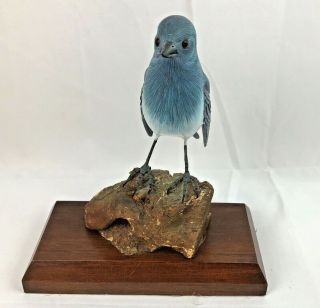 Vintage Hand Painted Wood Wooden Blue Bird On Rock Gorham Hong Kong