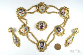 Antique Swiss Pinchbeck Enamel Miniature Portrait Necklace & Earring Suite C1830