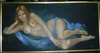 Signed Female Nude Painting California Artist Leo Jansen 24 X 48