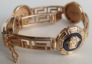 25 Grams 14k Gold Lion Emblem Russian Rose Onyx Greek Key Link Bracelet