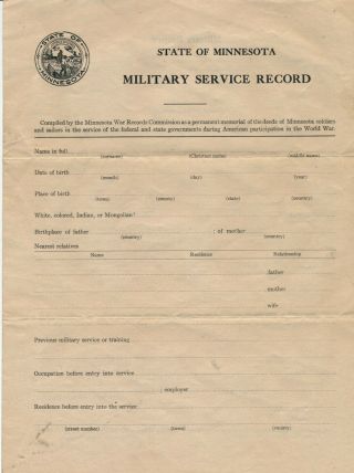 State Of Minnesota Military Record,  World War One