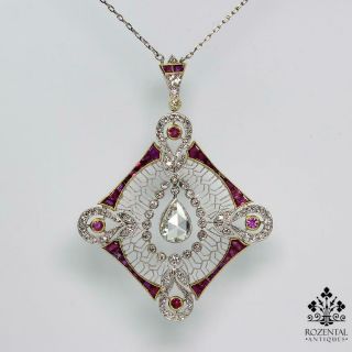Antique Edwardian Platinum 2.  7ct.  Diamond (gia Certified) & Ruby Pendant