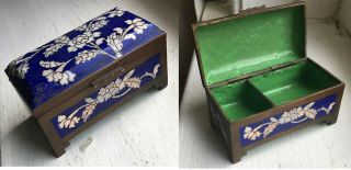Antique Chinese Cloisonne Brass Hinge Lidded Postage Stamp Box Cobalt Blue