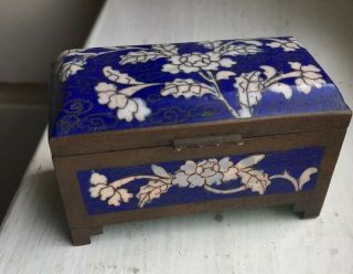 Antique Chinese Cloisonne Brass Hinge Lidded Postage Stamp Box Cobalt Blue 5