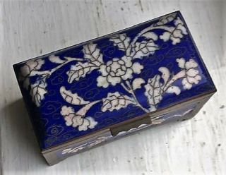 Antique Chinese Cloisonne Brass Hinge Lidded Postage Stamp Box Cobalt Blue 7