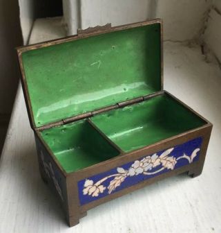 Antique Chinese Cloisonne Brass Hinge Lidded Postage Stamp Box Cobalt Blue 8