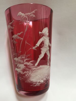 Antique Hand Enameled Mary Gregory Cranberry Glass Tumbler,  3 7/8 