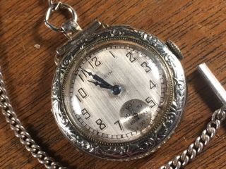 Elgin Antique Vest Pocket Watch W/chain & Bar Fob Still Keeps Time C.  1925