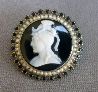 Antique 14k Gold Cameo Seed Pearl Black Jet & Onyx Mourning Locket Pin