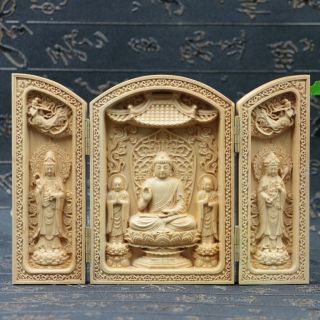 Chinese Boxwood Handmade Carved Three Saints Of The West Open Box Sk29