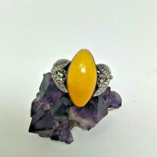 Amezing And Antique Silver Ring From The Communist Period With Egg Yolk Amber