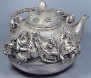 China Royal Collectable Miao Silver Carve 8 God Exorcism Emboss Souvenir Tea Pot