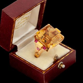 Antique Vintage Art Deco Retro 18k Gold Madeira Citrine & Ruby HUGE Ring Sz 5.  25 2