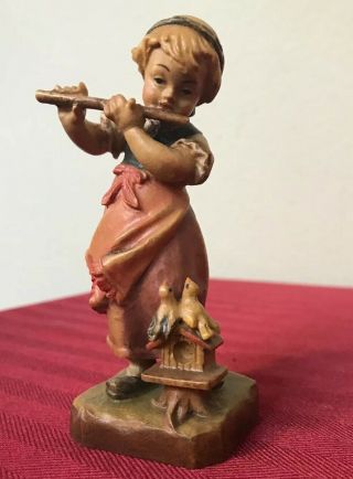 Vintage Carved Wooden Figure W.  U.  M.  Heinzeller Germany Girl W Flute Birds 4.  5”