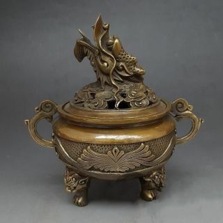 Old Marked Chinese Dynasty Brass Dragon Beast Incense Burner