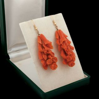 Antique Vintage Georgian 18k Gold Day Night Floral Carved Salmon Coral Earrings
