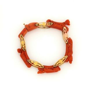 Antique Vintage Nouveau 18k Gold Egyptian Revival Carved Salmon Coral Bracelet 4