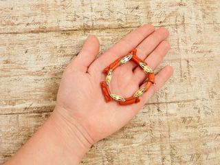 Antique Vintage Nouveau 18k Gold Egyptian Revival Carved Salmon Coral Bracelet 7