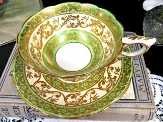 Royal Stafford Tea Cup And Saucer Green & Gold Gilt Filigree Teacup Wide