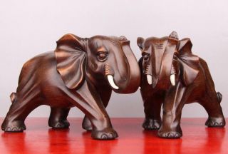 1 Pair (two) 8 Inch Carved Elephants Sculpture Statue Handmade Handcraft