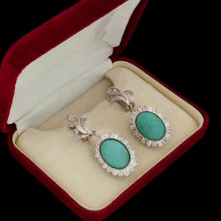 Antique Vintage Deco Retro 14k White Gold & Palladium Turquoise Diamond Earrings