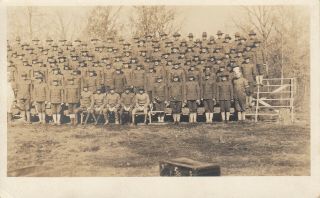 Wwi Rppc Photo Us Army Company W/ Officers Men Bugles Cooks 74