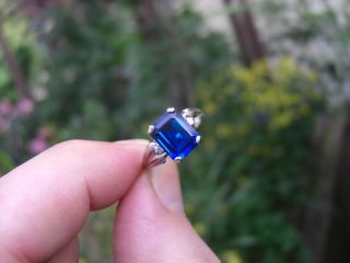 Vintage 5.  29ct Ceylon Blue Sapphire Diamond 10k Gold Ring Emerald Cut Estate 11