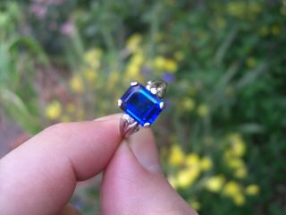 Vintage 5.  29ct Ceylon Blue Sapphire Diamond 10k Gold Ring Emerald Cut Estate 9