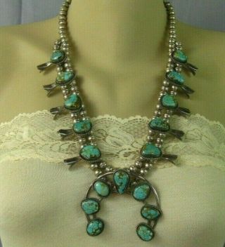 Old Pawn Navajo Sterling Pilot Mountain Turquoise Squash Blossom Necklace 3