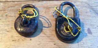 Two Very Small Early 20th C Vintage Pad Locks With Keys In