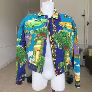 GIANNI VERSACE denim jacket with iconic South Beach Miami print size Italian 52 11