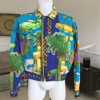 GIANNI VERSACE denim jacket with iconic South Beach Miami print size Italian 52 12