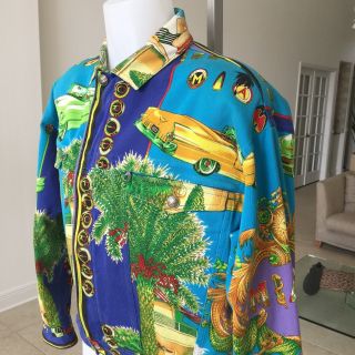 GIANNI VERSACE denim jacket with iconic South Beach Miami print size Italian 52 2