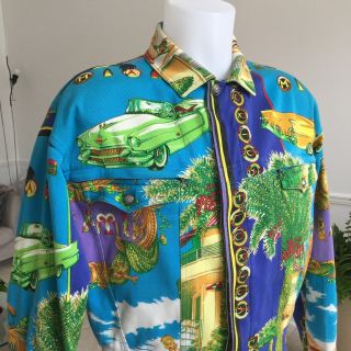 GIANNI VERSACE denim jacket with iconic South Beach Miami print size Italian 52 9