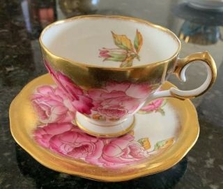 Vintage Queen Anne White And Gold Footed Tea Cup & Saucer With Pink Roses