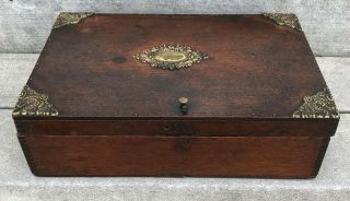 Antique Oak Document Trinket Jewelry Box Brass Corners Primitive Storage Chest