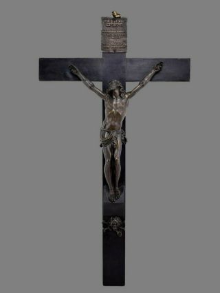 Antique French 27 " High Bronze And Wood Shrine Crucifix Wall Altar Cross 19th.  C