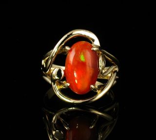 Rare Oval Cabochon Natural 4.  0ct Mexican Fire Opal Solid 14k Yellow Gold Ring